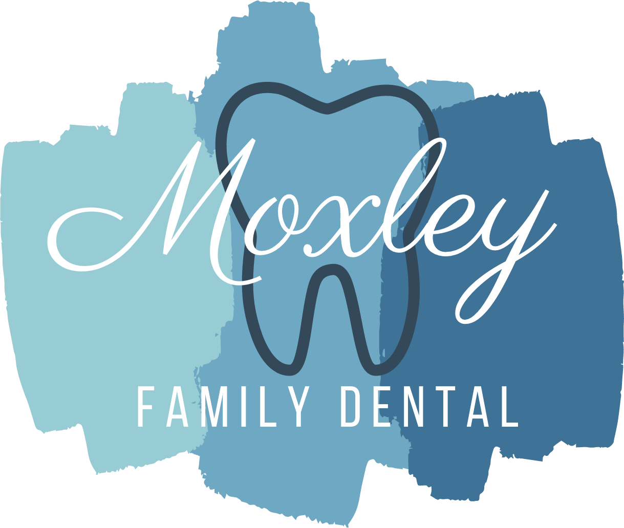 Logo for Moxley Family Dental featuring a tooth icon layered over blue watercolor-style brushstrokes.