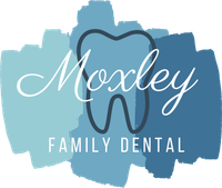 Logo for Moxley Family Dental featuring a tooth icon layered over blue watercolor-style brushstrokes.