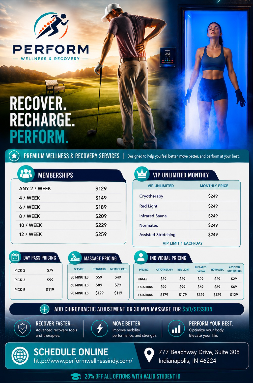 Perform fitness poster with sunrise runner, blue gym scene, and class schedule information.