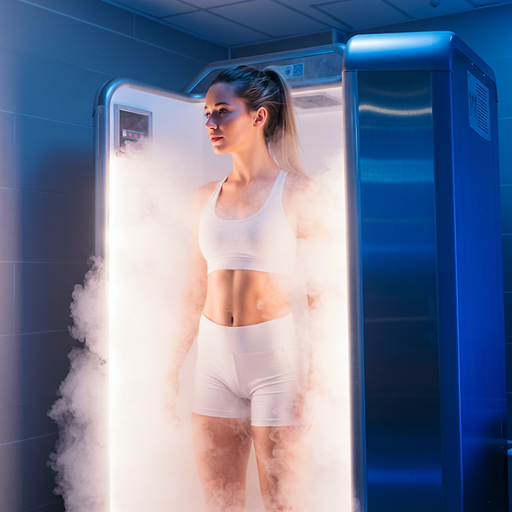 Woman in a blue cryotherapy chamber with white vapor surrounding her