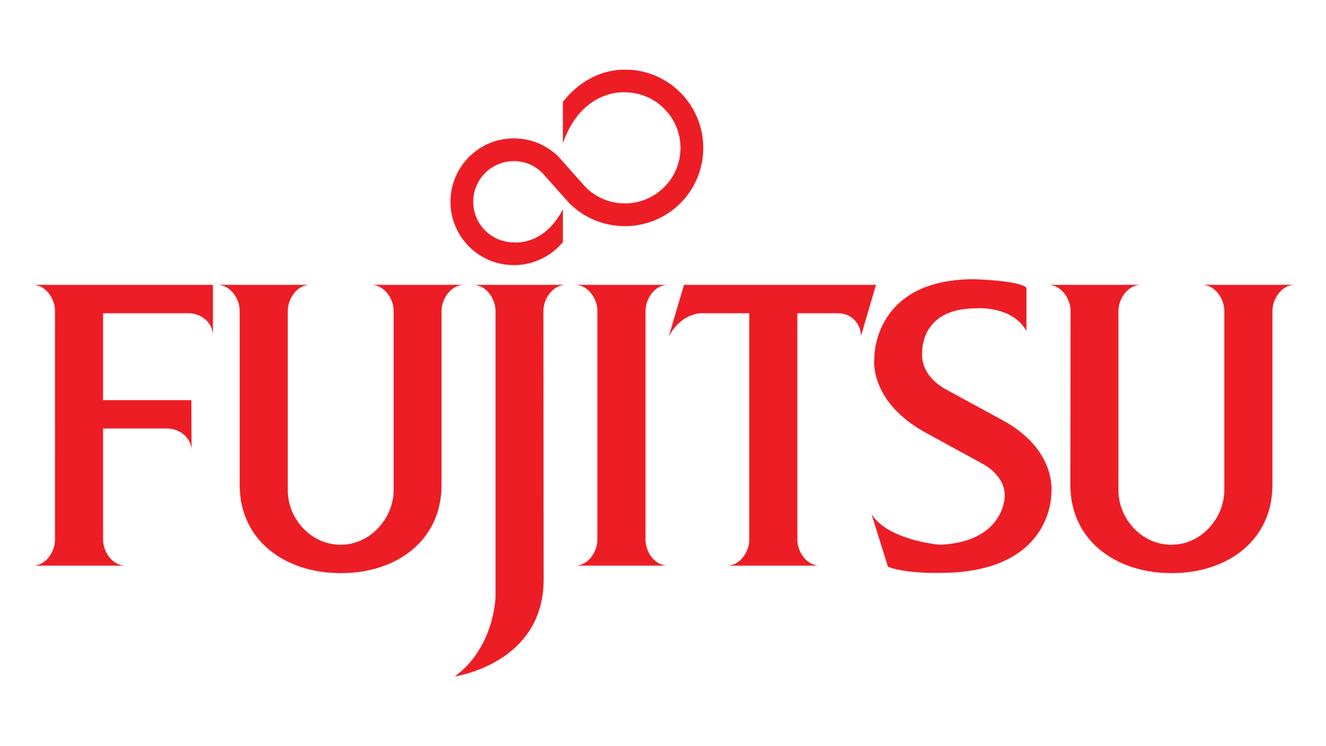 The fujitsu logo is red and white on a white background.