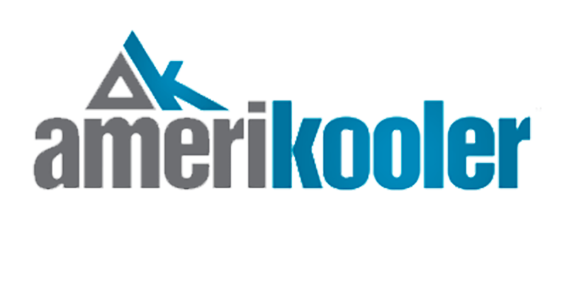 A blue and gray logo for americooler on a white background