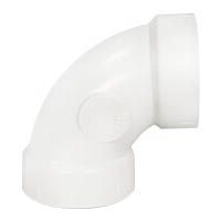 A white pvc 90 degree elbow on a white background.
