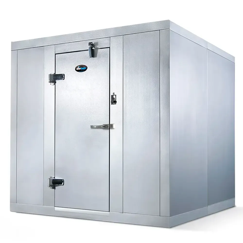 A stainless steel refrigerator with a door on a white background.