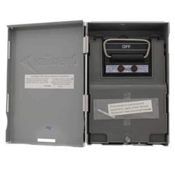 A gray box with the lid open and a switch inside of it.