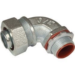 A close up of a metal pipe connector on a white background.