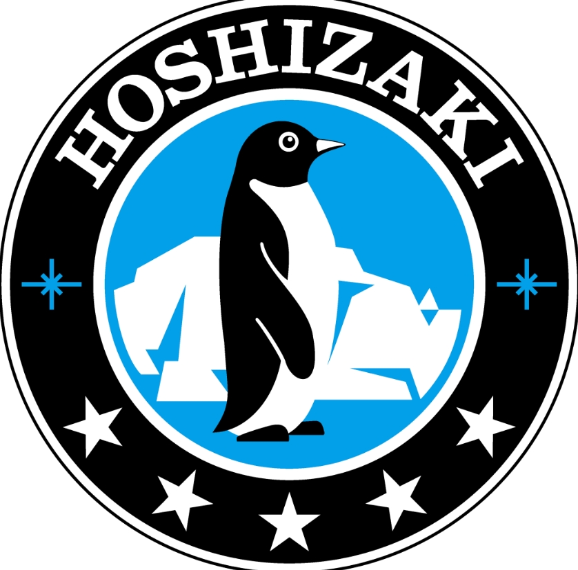 A logo for hoshizaki with a penguin in the center
