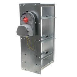 A close up of a metal box with a red button on it on a white background.