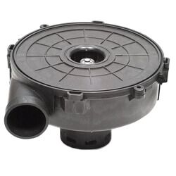 A close up of a black plastic blower on a white background.