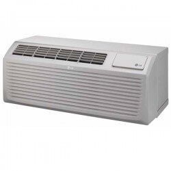 An lg air conditioner is sitting on a white surface.