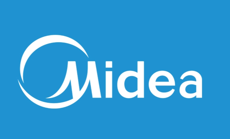 The midea logo is on a blue background.