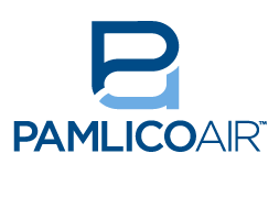 A blue and white logo for pamlicoair on a white background
