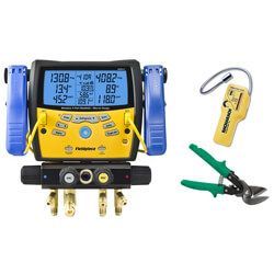 A vacuum gauge with a pair of pliers and a thermometer.