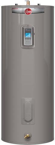 Rheem electric water heater, tall cylindrical gray tank with control panel and brass fittings.