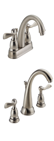 Two brushed nickel bathroom faucets. One with two handles and the other with three handles.