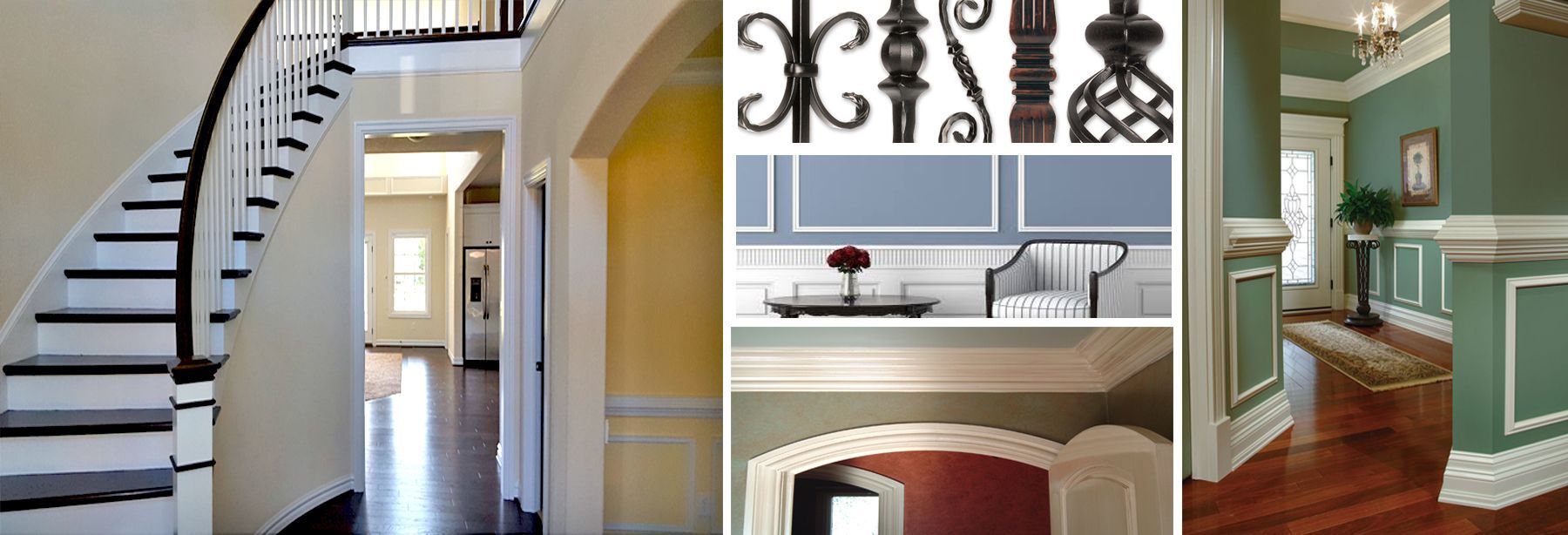 A collage of pictures of a hallway and stairs