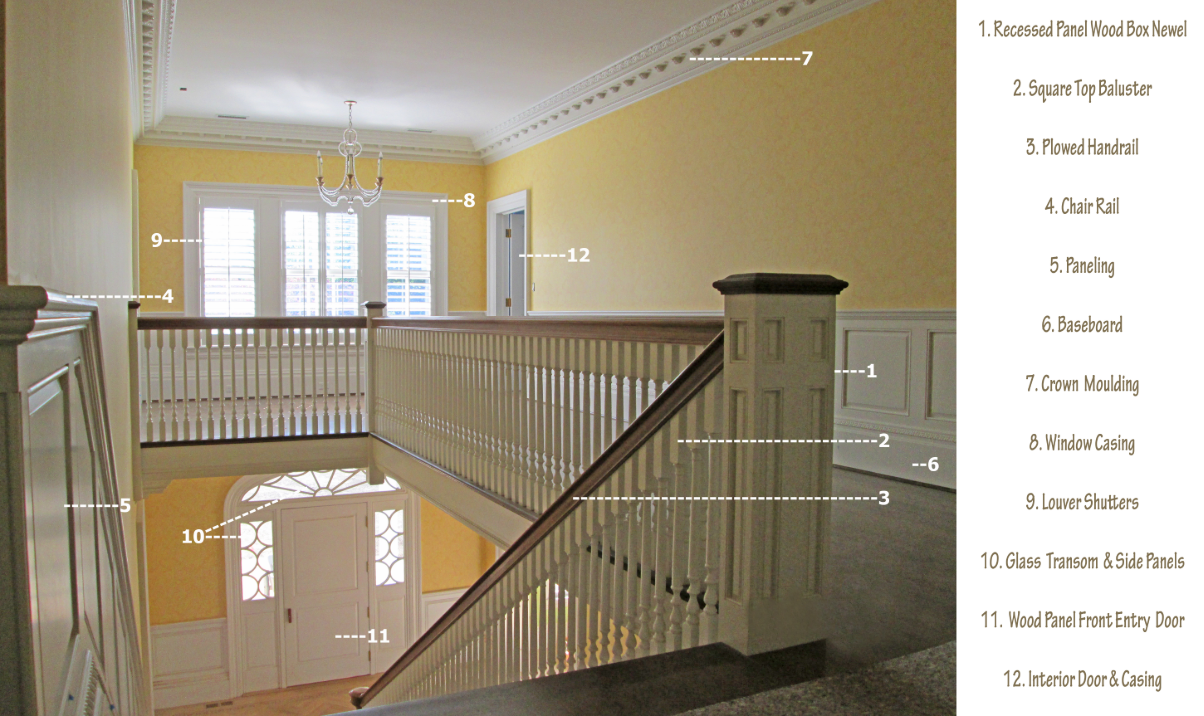 Interior view of a yellow-walled hallway with white trim, railing, and doors. A staircase leads to the entrance.