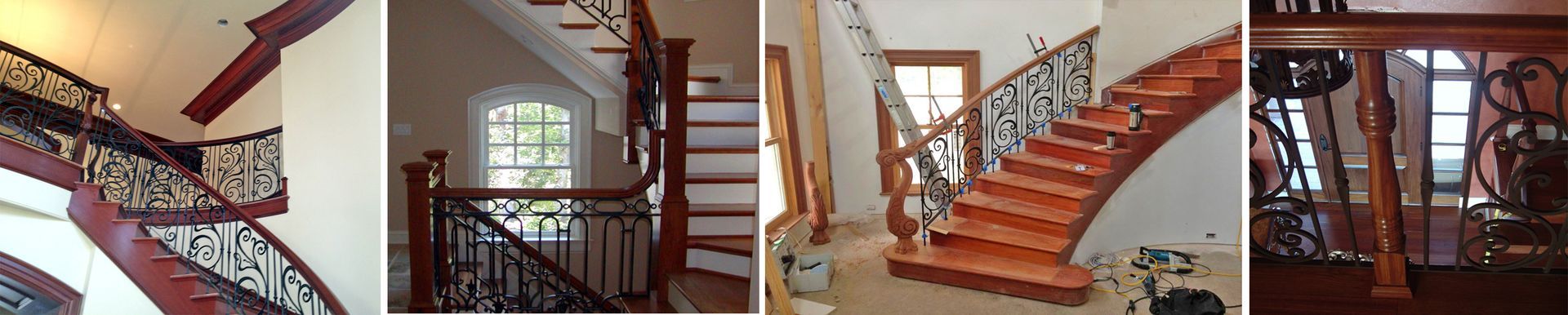 Four images of staircases with wooden and metal railings.