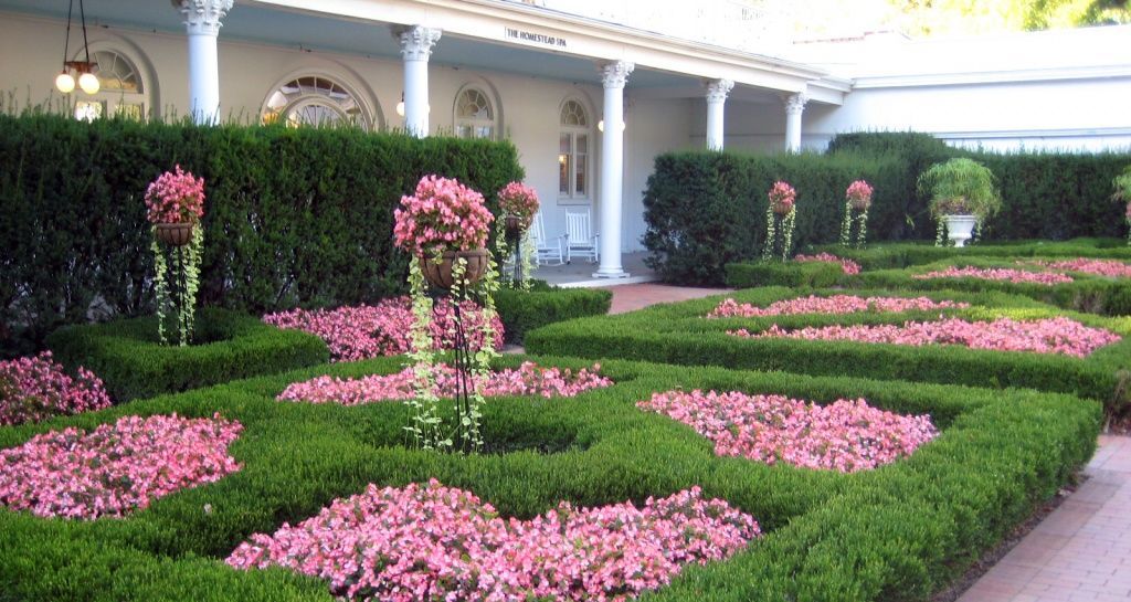 A garden with lots of pink flowers and bushes