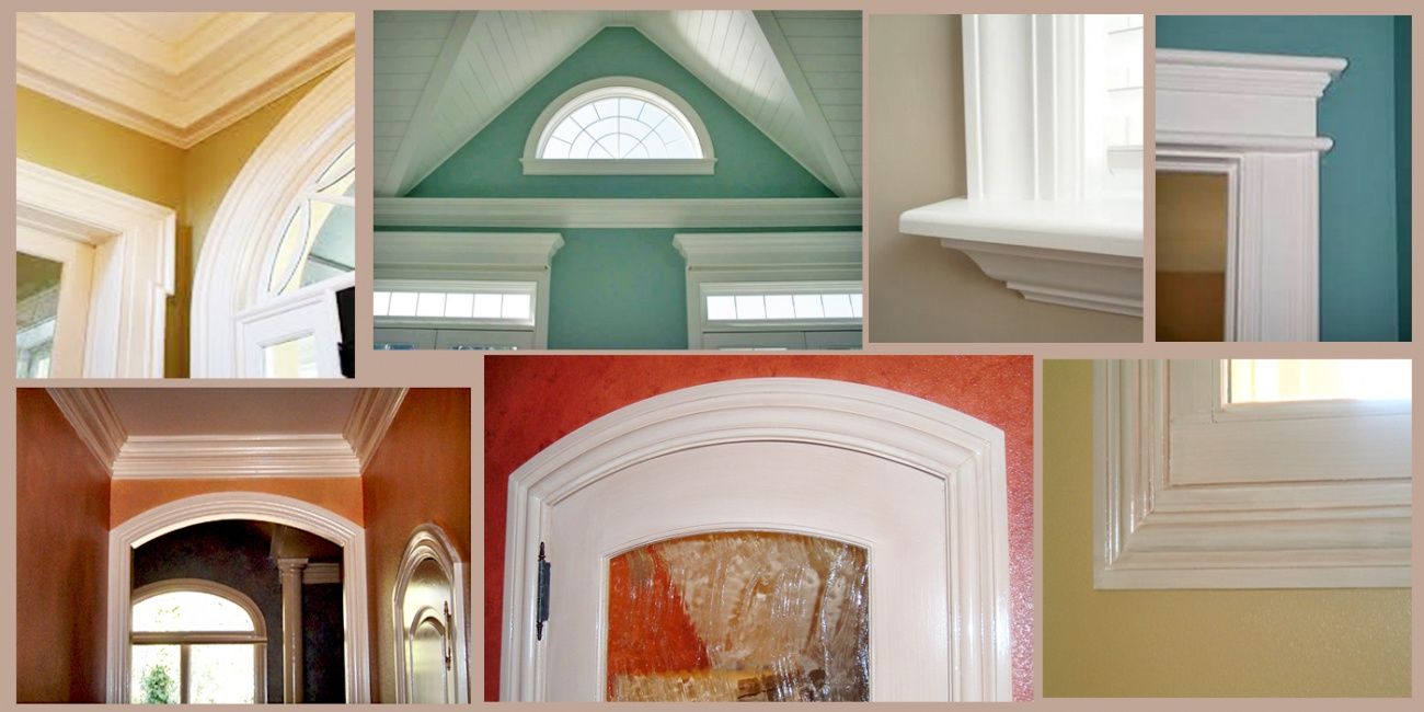 Collection of architectural details featuring white trim, various designs, and colorful wall backgrounds.