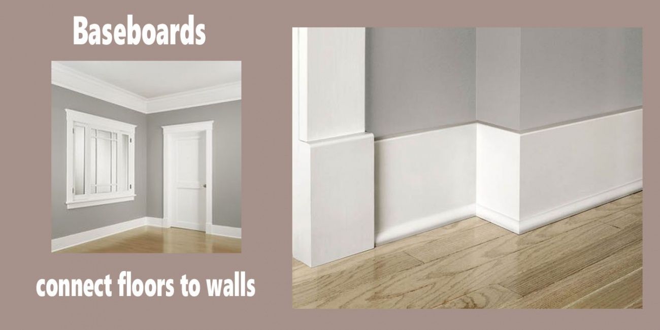 Two photos of baseboards, connecting floors to walls. One shows a room with a window and door, the other a corner with white baseboards.