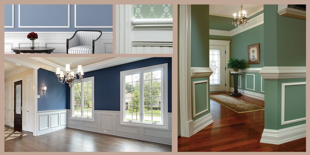 Collage showcasing various rooms with decorative wall moldings in different colors.