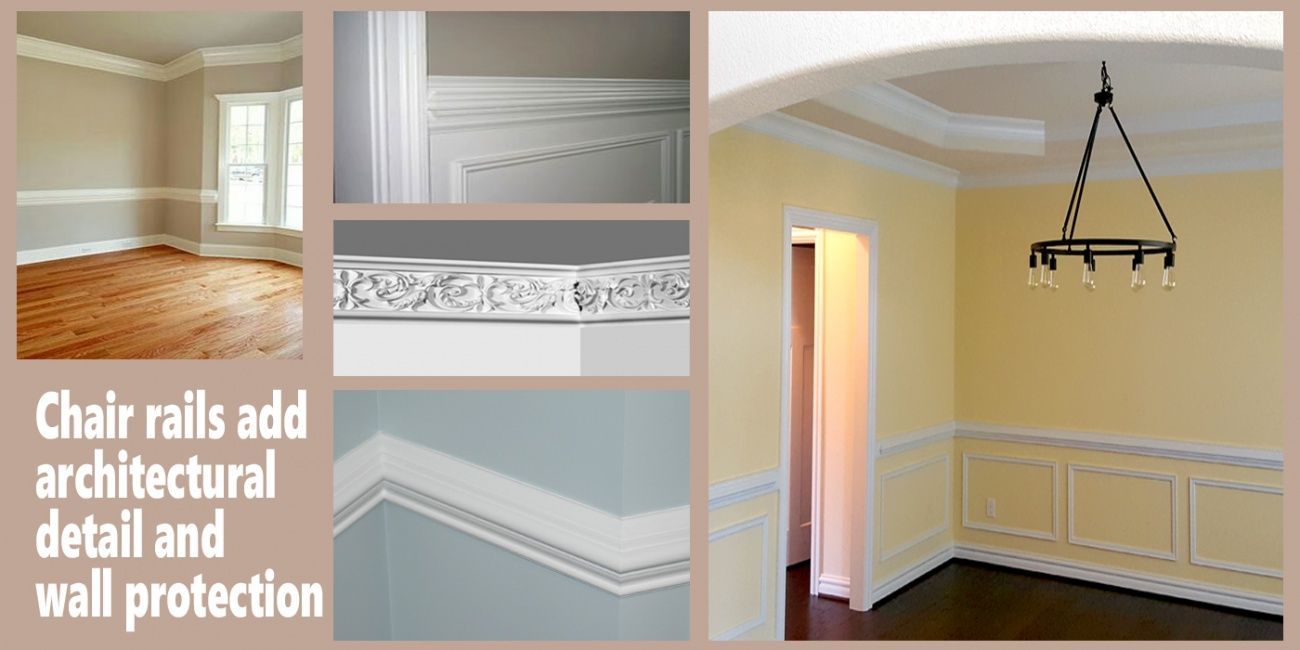 Photos showcase chair rails on walls with details about architectural design and wall protection.