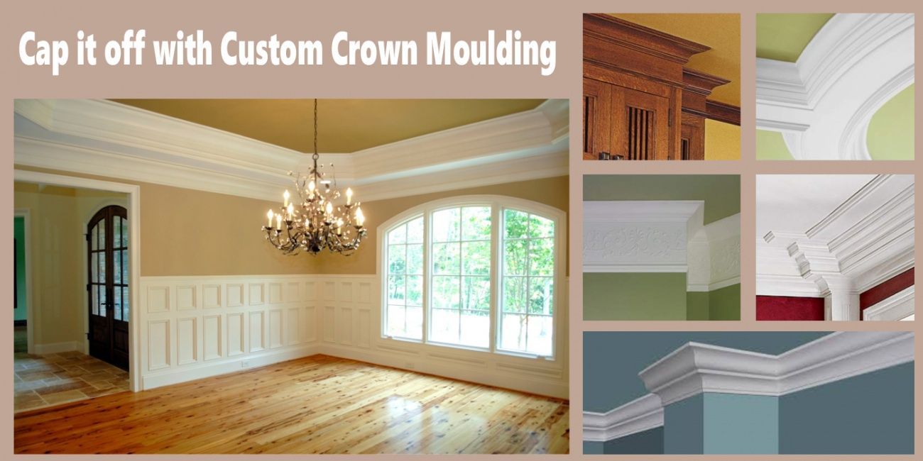 Room with wooden floor, light brown walls, and white crown molding. A chandelier hangs from the ceiling. Additional crown molding samples in inset images.