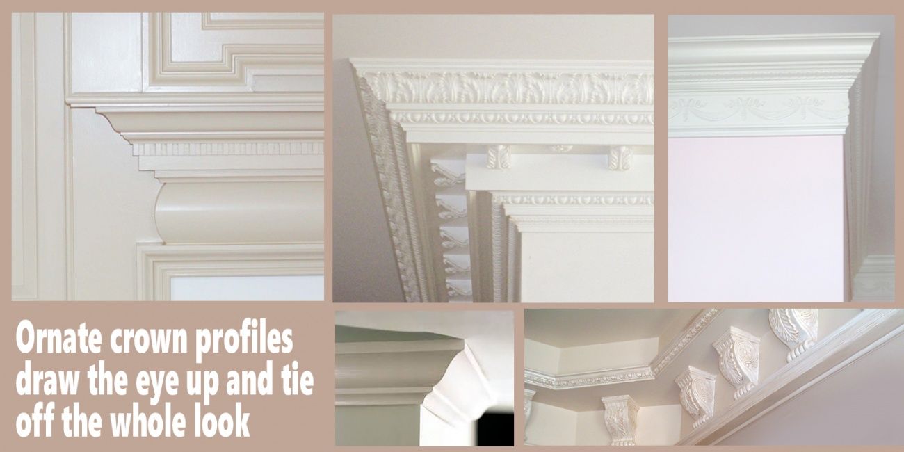 Various ornate white crown molding profiles on display against neutral backgrounds.