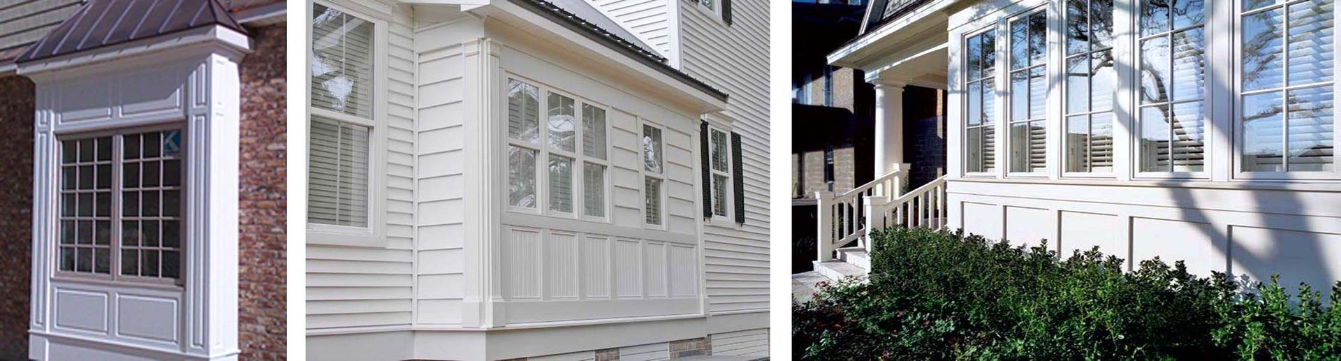 Three houses with white trim and windows. The first has a brick exterior, and the third has a bay window.