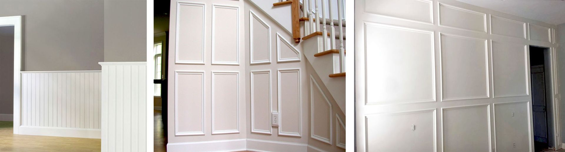 White paneled walls with various designs. One wall features beadboard and another has rectangular panels.
