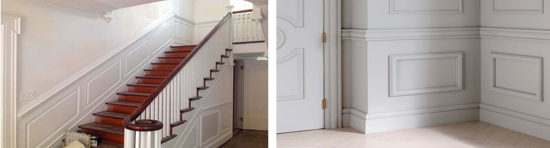 Two interior shots. One shows a staircase with white paneling and red steps. The other features white paneled walls.