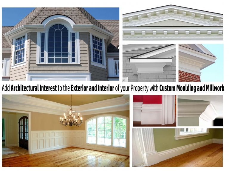 Various images showcasing exterior and interior custom moulding and millwork, including house exteriors and room interiors with moldings.
