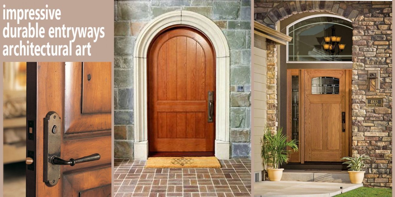 Three wooden front doors showcase entryways with stone and brick detailing.