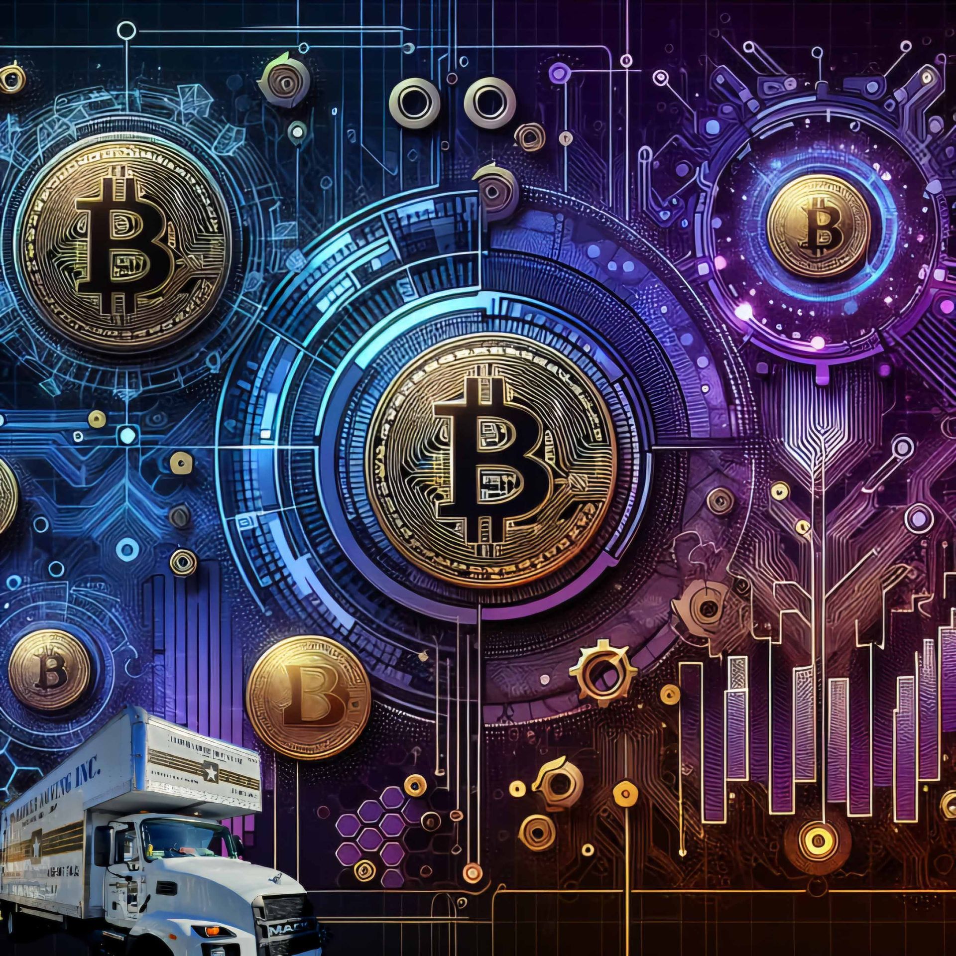 Bitcoin coins overlaid on digital circuit board with a white delivery truck in foreground.