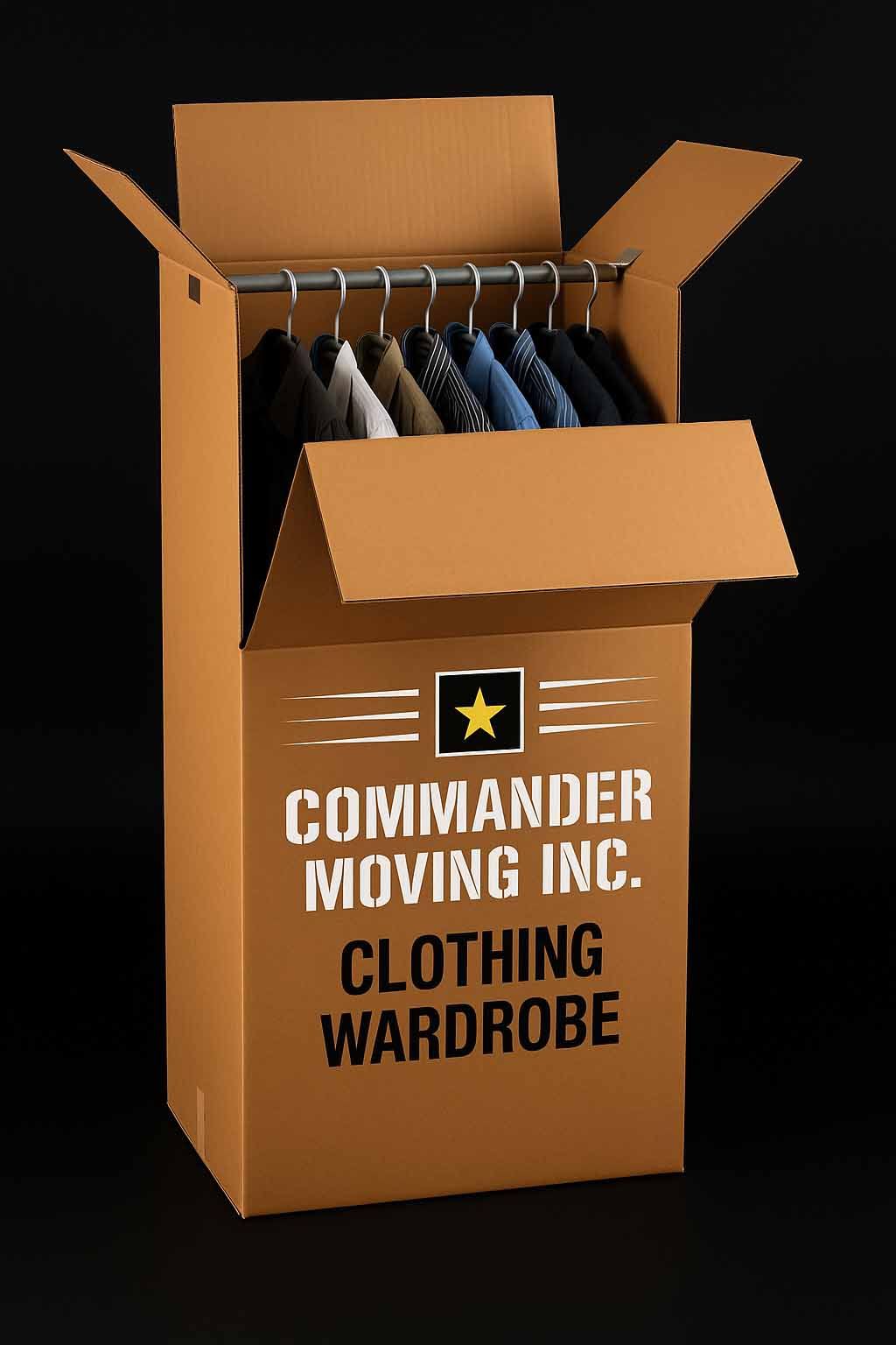 Cardboard wardrobe box filled with hanging clothes for moving.