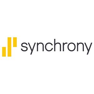 Synchrony logo with yellow bars and gray wordmark on a white background
