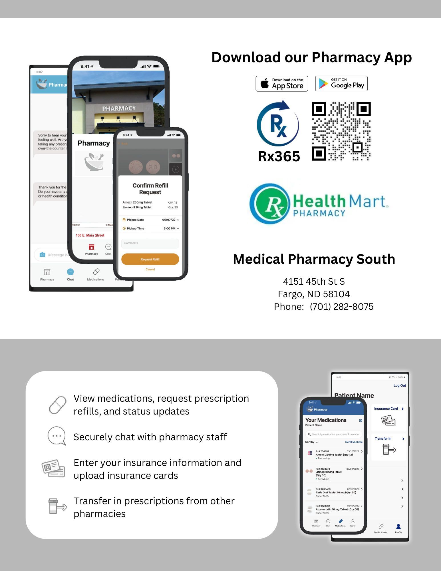 A flyer for a pharmacy app for Medical Pharmacy South.