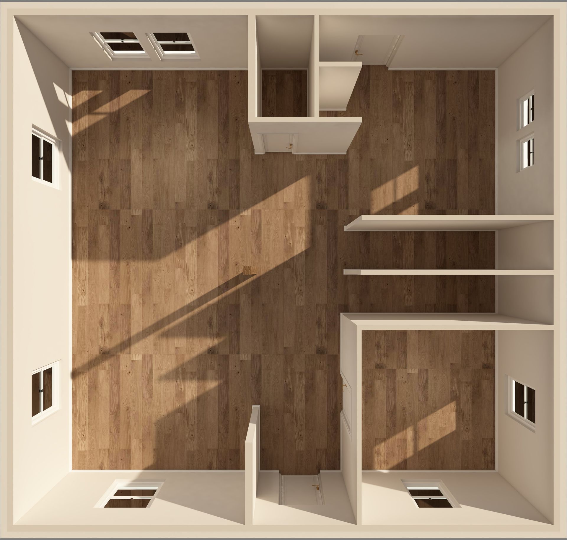 Top-down view of an empty room with wood flooring, white walls, windows, and interior partitions.