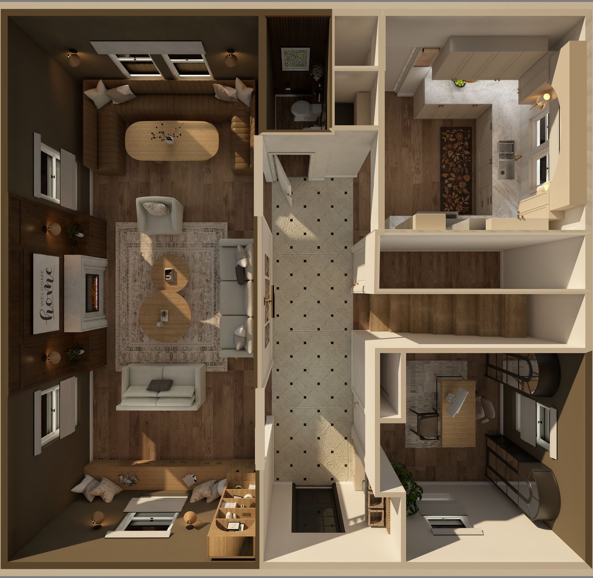 Top-down view of a furnished apartment floor plan with living room, kitchen, hall, bathroom, and bedrooms.