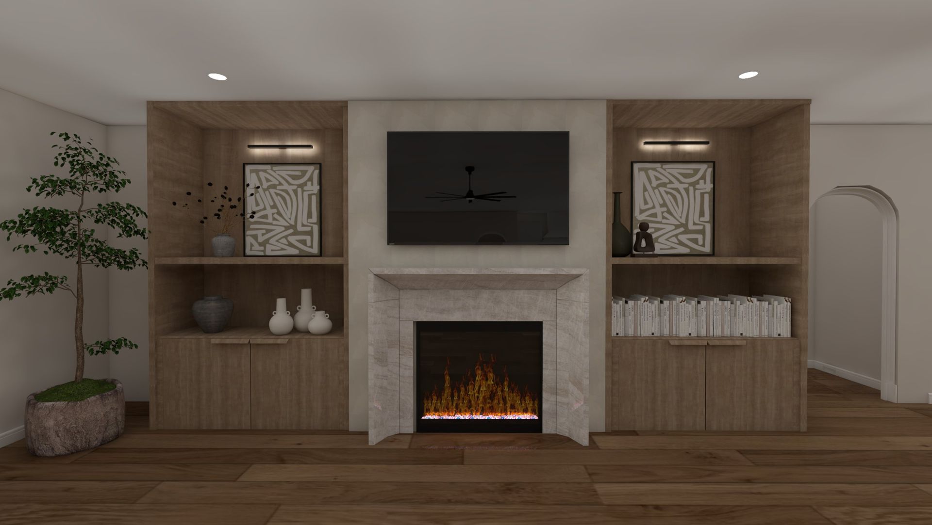 Modern living room with a fireplace, wall-mounted TV, built-in shelves, and wood flooring