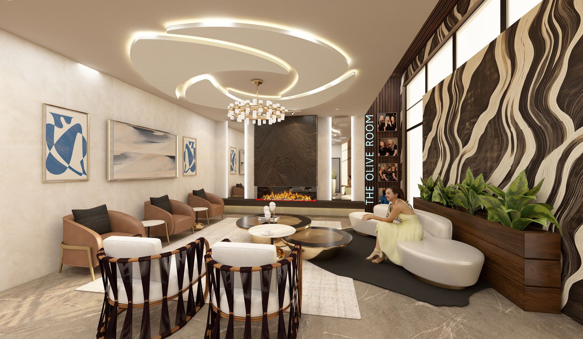 Modern living room with curved sofa, patterned wall, circular ceiling lights, and dining area