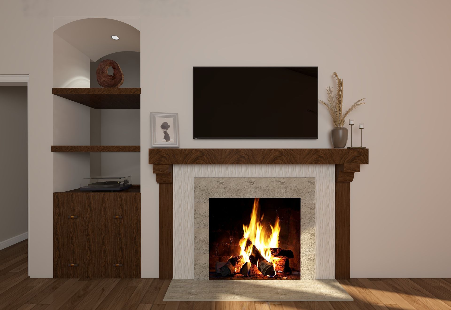 Cozy living room fireplace with lit fire, wall-mounted TV, and built-in shelves by an arched alcove