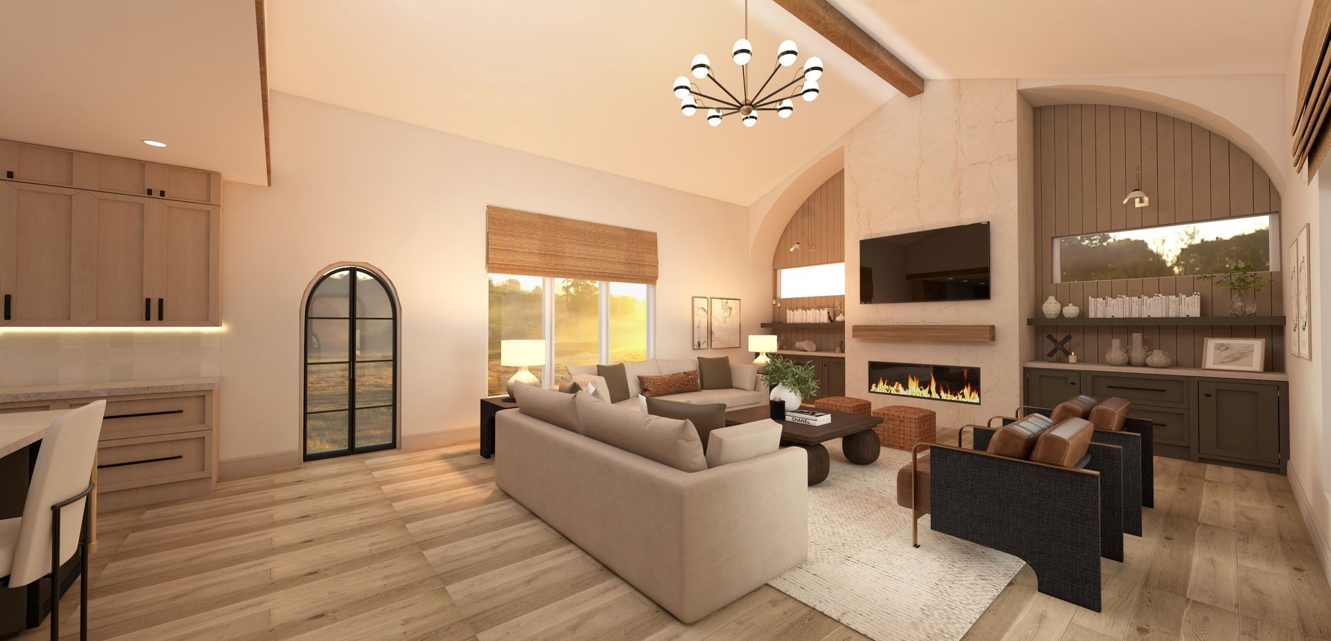 Spacious modern living room with beige sofa, fireplace, wall TV, and dark dining chairs under a chandelier