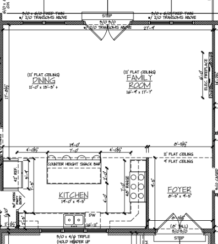 Floor plan of a home showing dining room, family room, kitchen, and foyer layout.