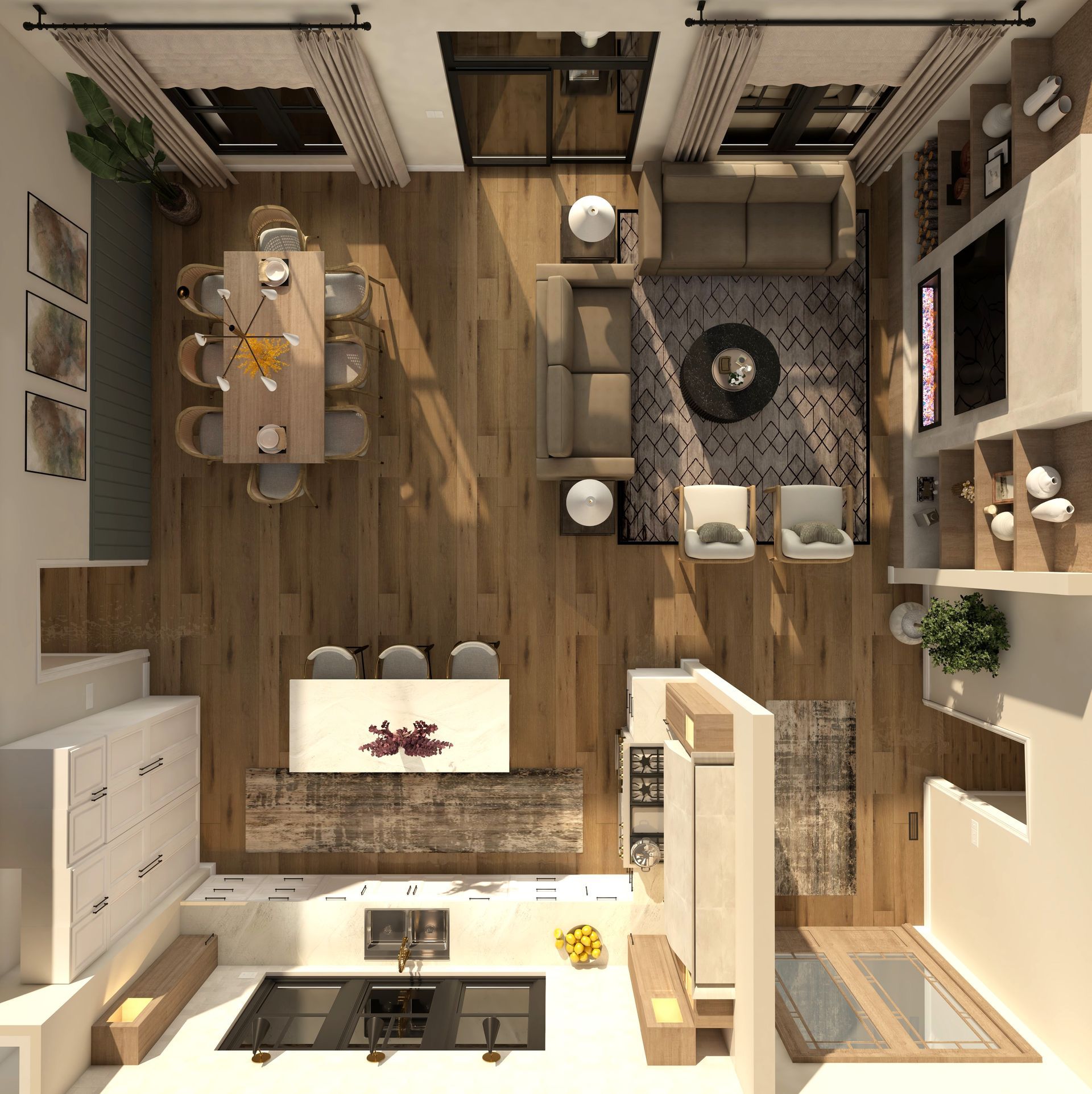 Top-down view of a modern open-plan living room and kitchen with wood floors and beige furniture.