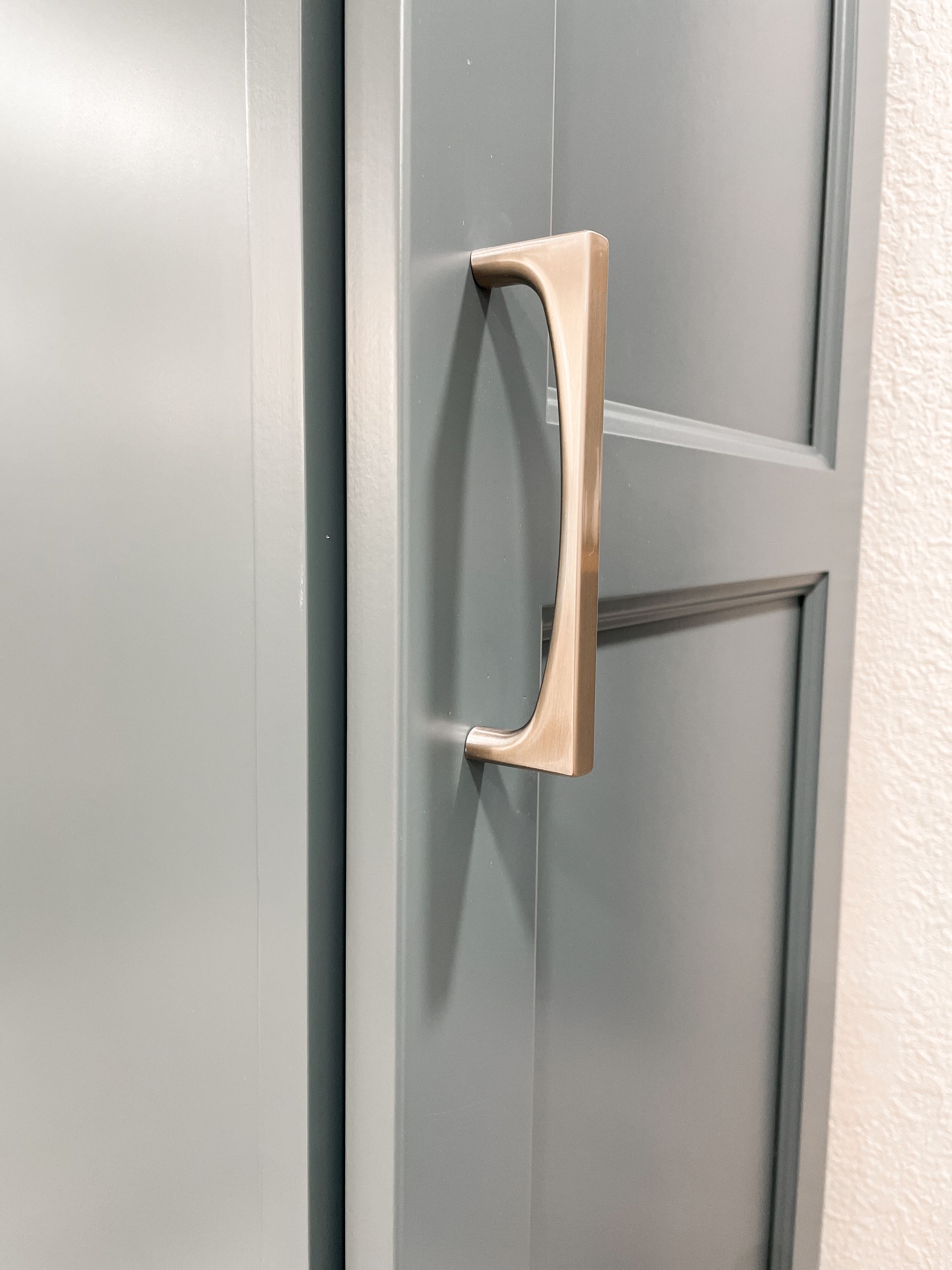 Gray cabinet door with a gold handle.