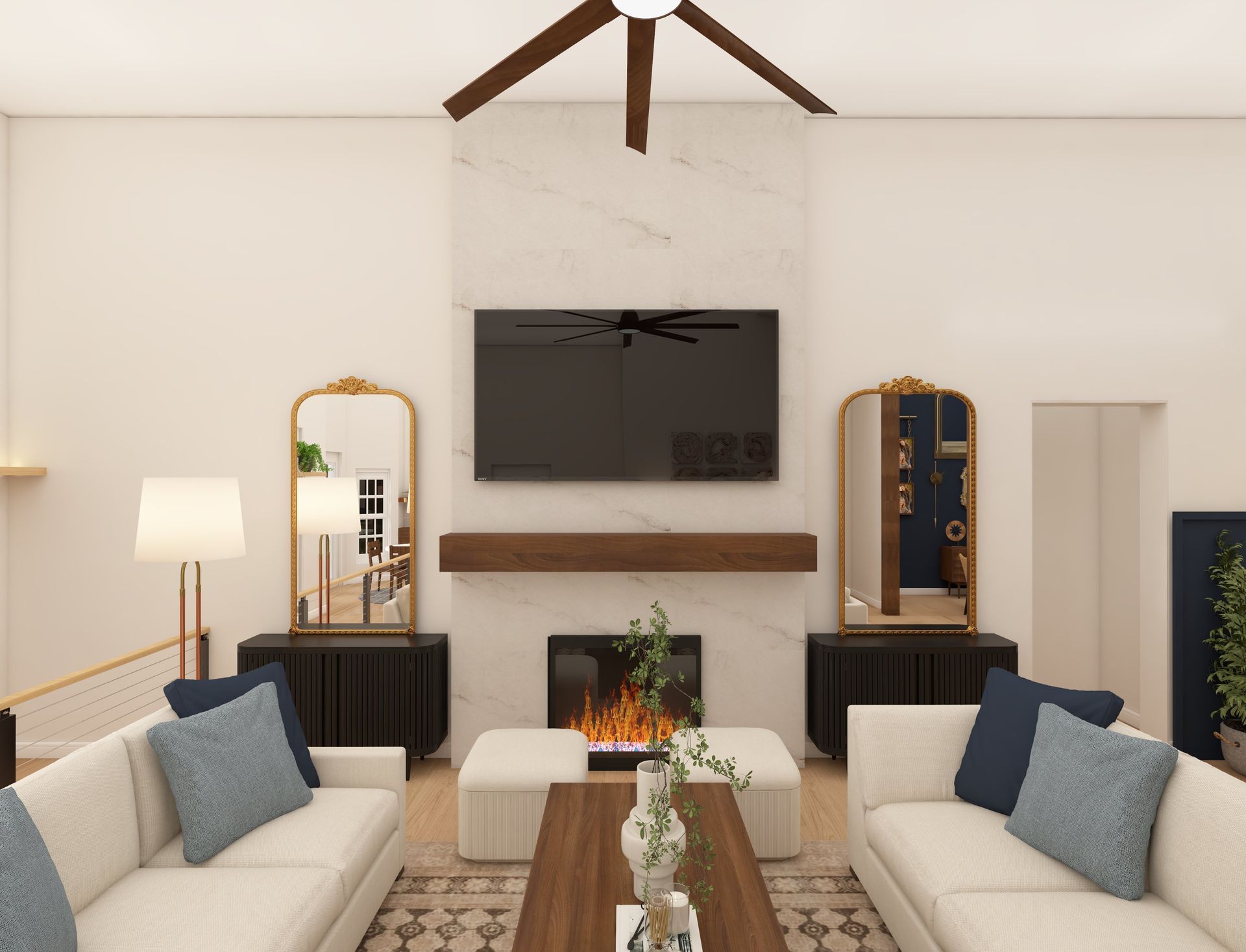 LVP CORETEC flooring, traditional fireplace with large format porcelain tile surround, 3d rendering, realitic visual, symmetrical design, anthropology mirrors dupe, traditional wood mantle, mantel with TV, white matching sofas, large ceiling fan, conversation living room, floor to ceiling fireplace, renovation, remodel in Belleville, IL