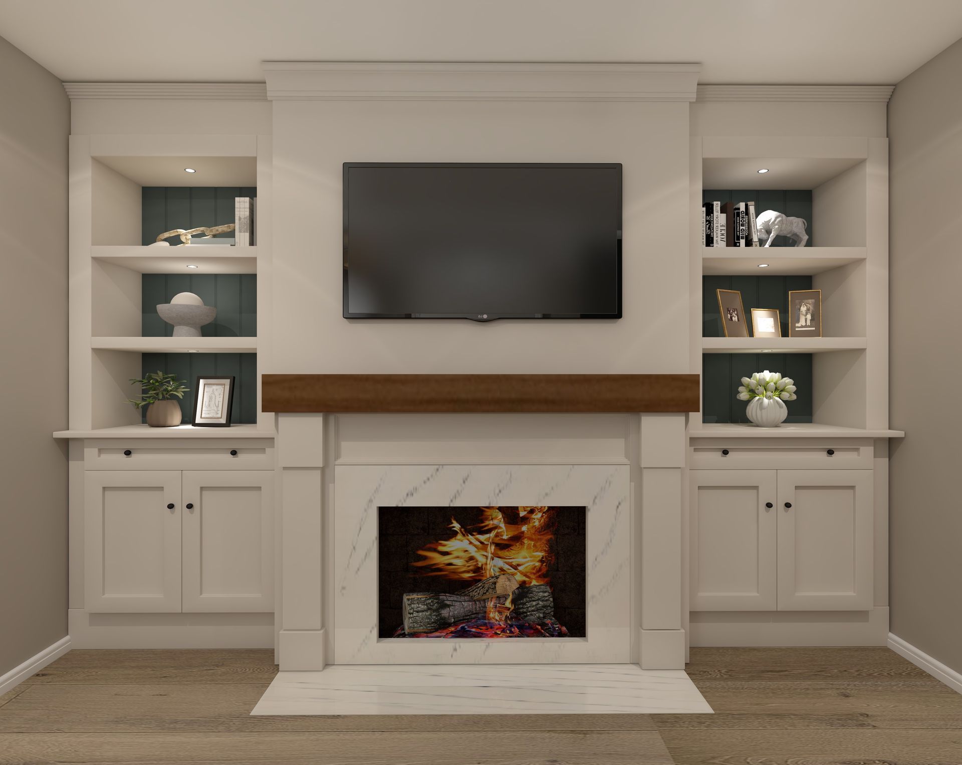 engineered hardwood flooring, traditional fireplace with custom built-ins, painted cabinets, 3d rendering, realitic visual, symmetrical design, traditional wood mantle, mantel with TV, navy blue beadboard, renovation, remodel in Highland, IL, shelving for decor and family photos, white paint and white quartz stone