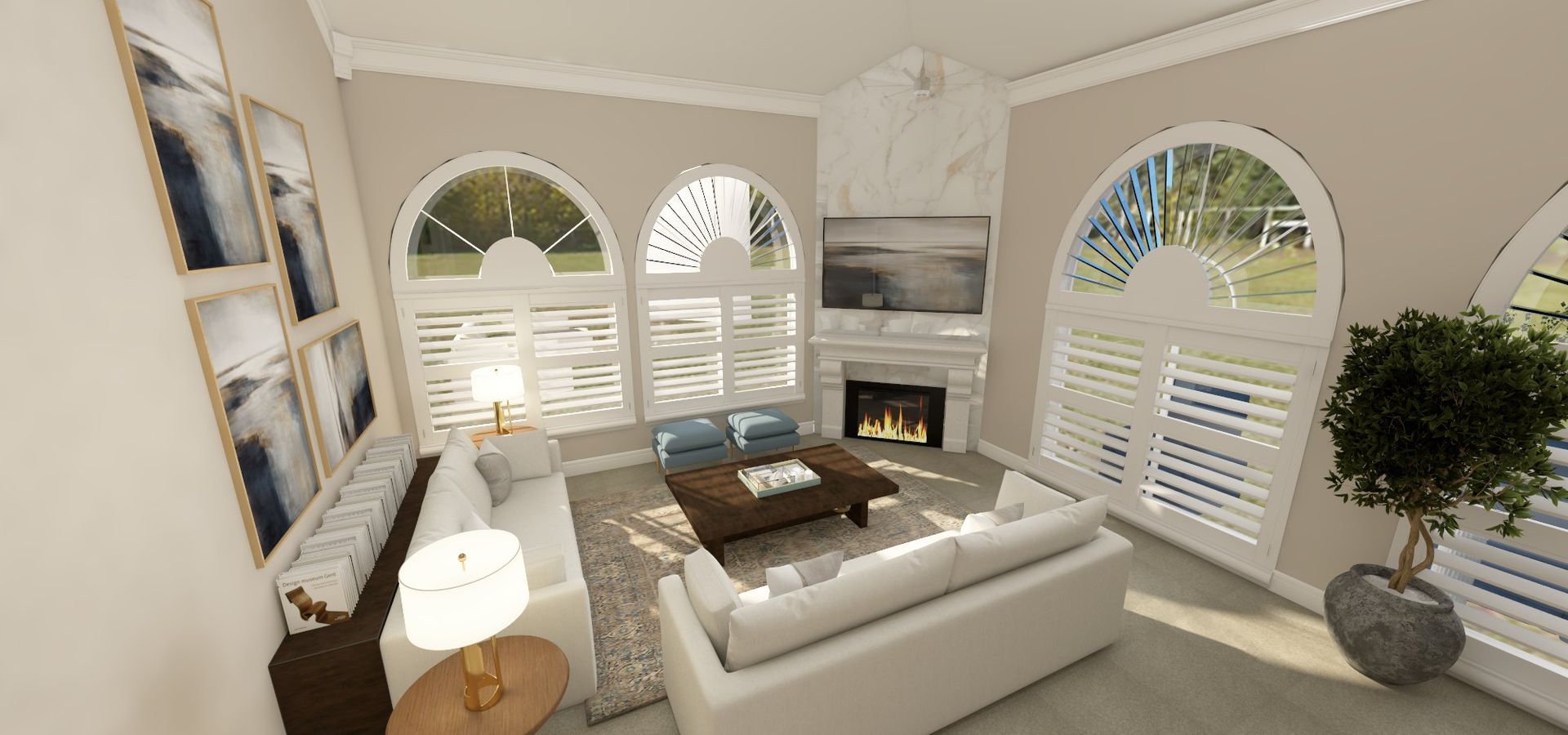 new carpet flooring, traditional fireplace with large format porcelain tile or slab surround, 3d rendering, realitic visual, traditional concrete mantle surround, mantel with TV, white matching sofas, floor to ceiling fireplace, vaulted ceilings, traditional design, conversation living room, large area rug, furniture from Mueller Furniture, renovation, remodel in Benton, IL